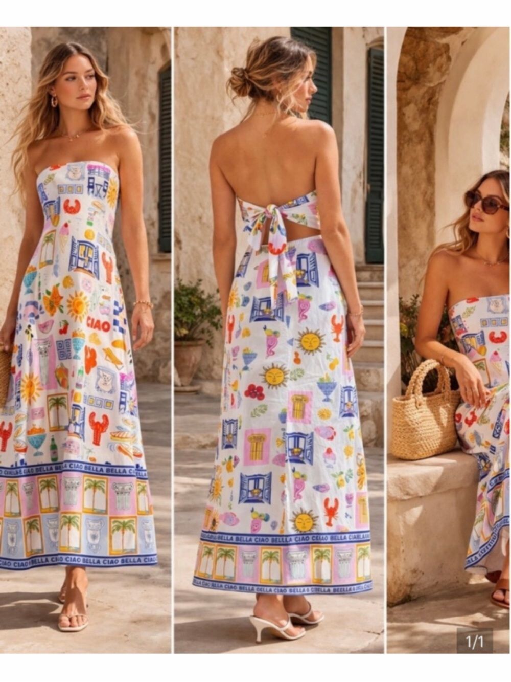 Japna S Colorful Mediterranean Nautical Resort Wear Strapless Maxi Dress